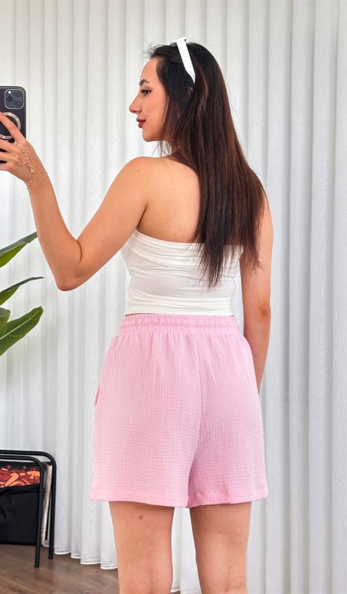 Müslin Cepli Kısa Model Toptan Pembe Şort Pembe