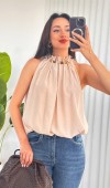 Yakası Boncuklu Balon Model Toptan Bej Bluz Bej