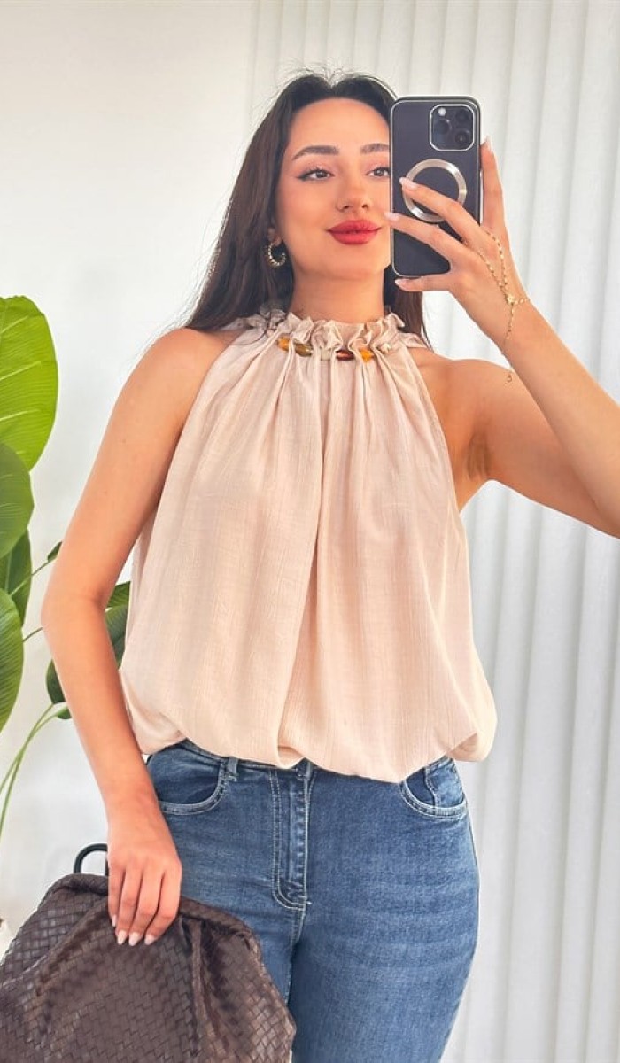 Yakası Boncuklu Balon Model Toptan Bej Bluz Bej