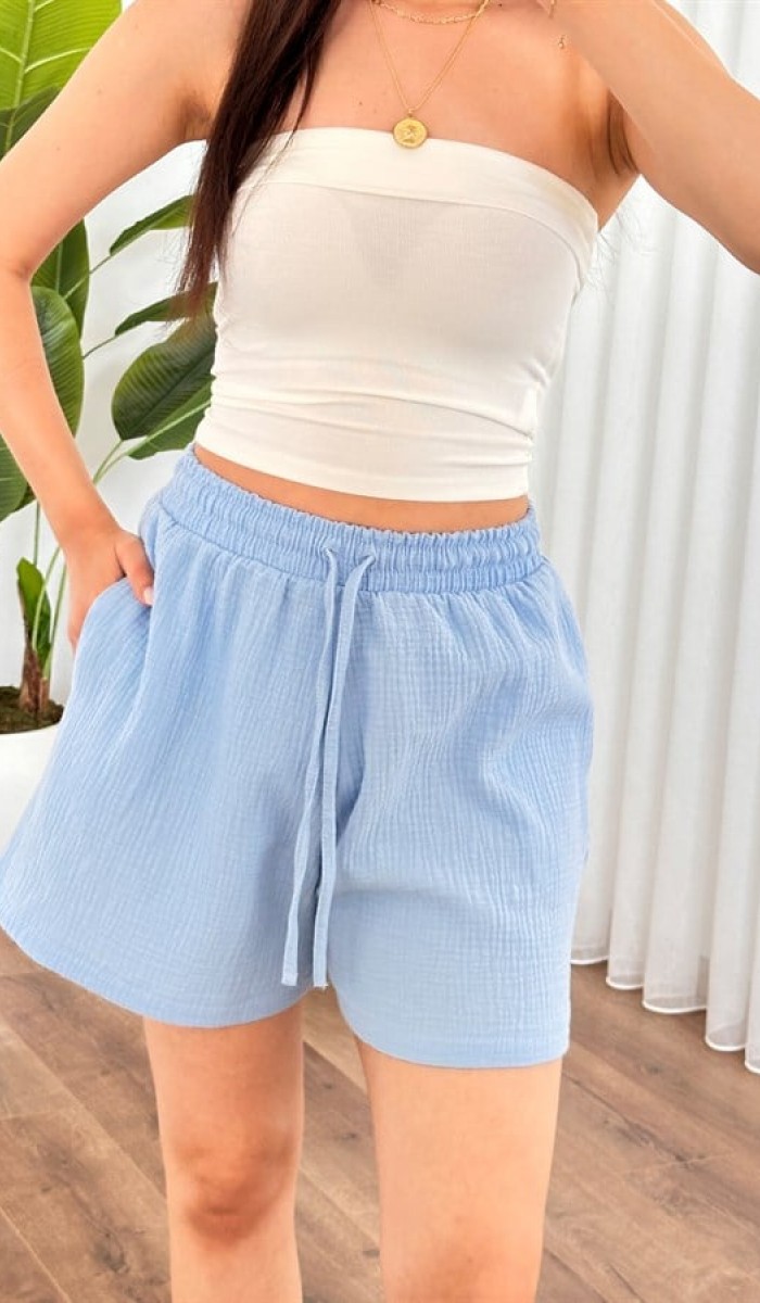 Müslin Cepli Kısa Model Toptan Bebe Mavisi Şort Bebe Mavi