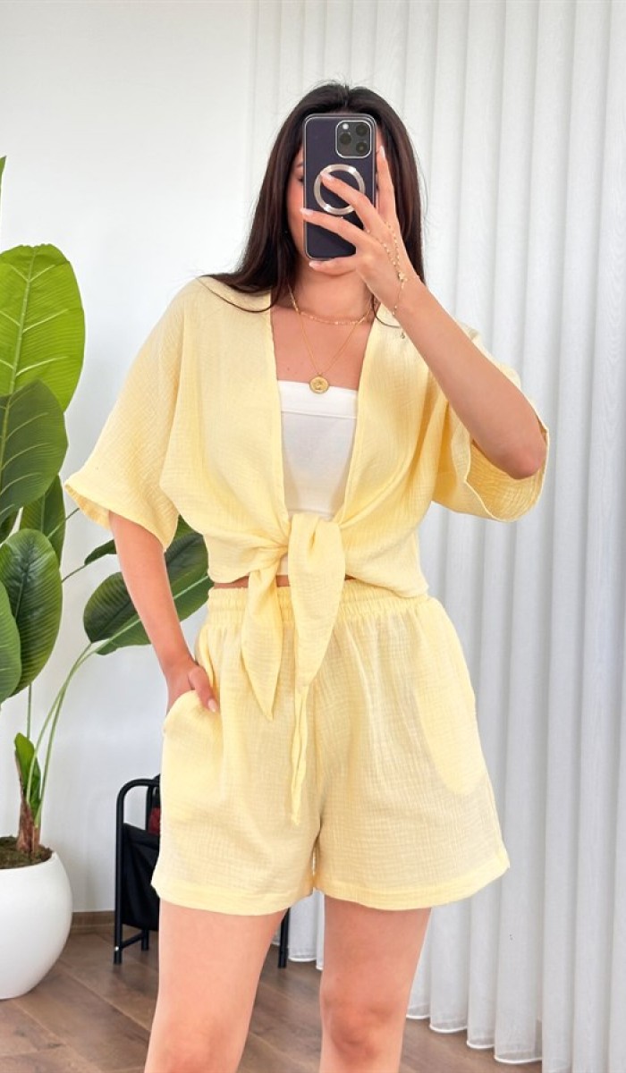 Müslin Önden Bağlamalı Kısa Model Toptan Sarı Kimono Sarı