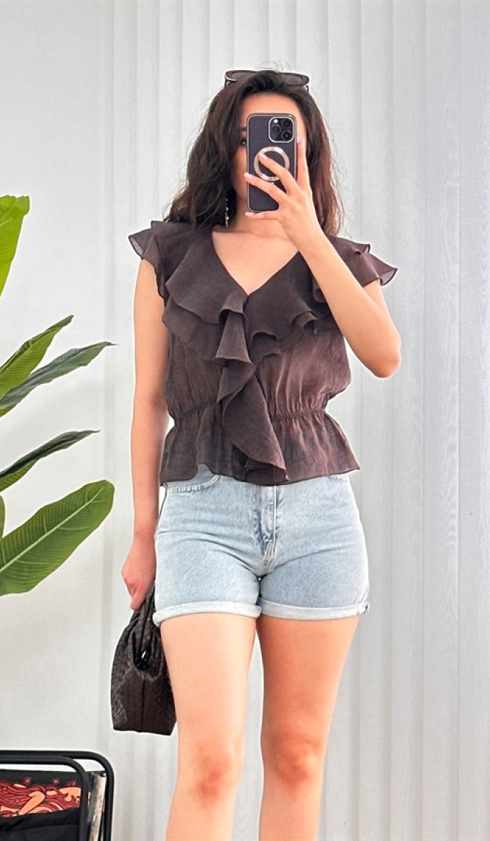 Fırfırlı Beli Lastikli Toptan Kahve Bluz Kahverengi