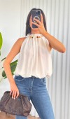 Yakası Boncuklu Balon Model Toptan Beyaz Bluz Beyaz