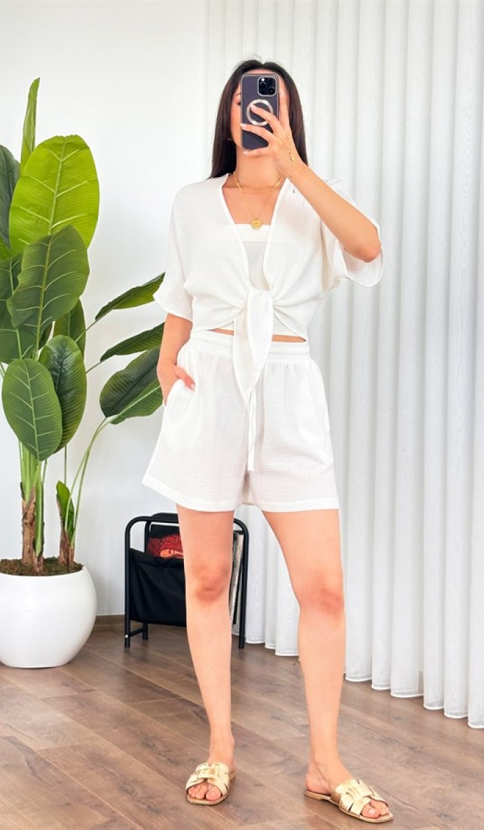 Müslin Önden Bağlamalı Kısa Model Toptan Beyaz Kimono Beyaz