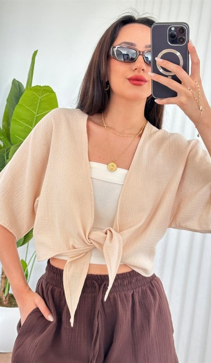 Müslin Önden Bağlamalı Kısa Model Toptan Bej Kimono Bebe Mavi