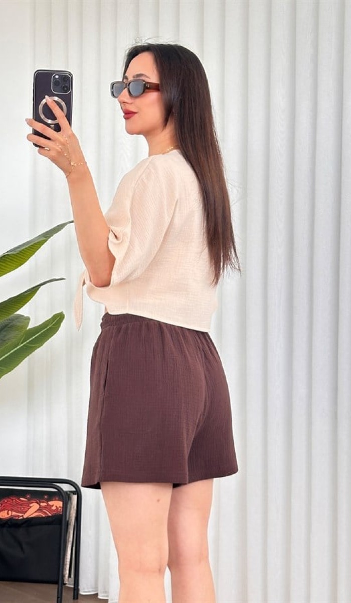 Müslin Önden Bağlamalı Kısa Model Toptan Bej Kimono Bebe Mavi