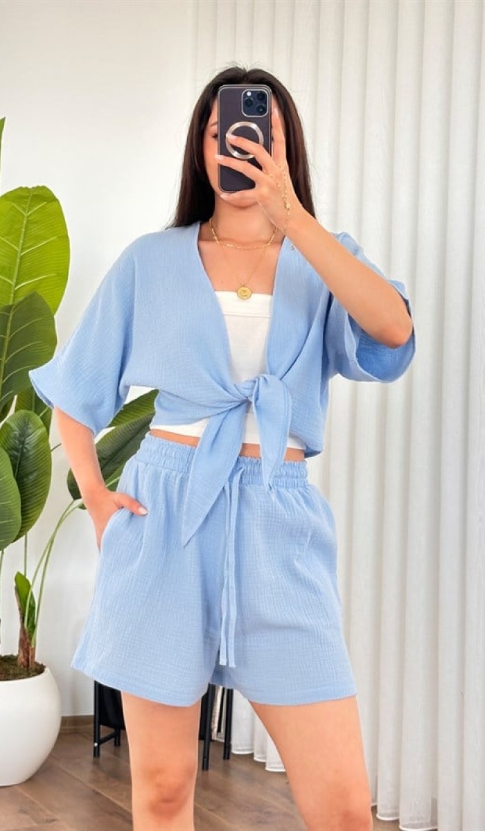 Müslin Önden Bağlamalı Kısa Model Toptan Bebe Mavisi Kimono Bebe Mavi