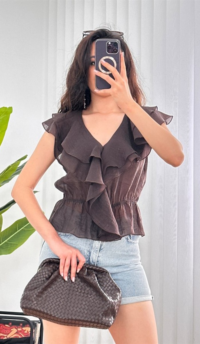 Fırfırlı Beli Lastikli Toptan Kahve Bluz Kahverengi