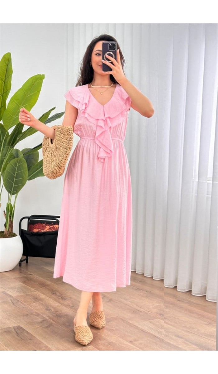 Yaka Fırfırlı Toptan Pembe Uzun Elbise Pembe