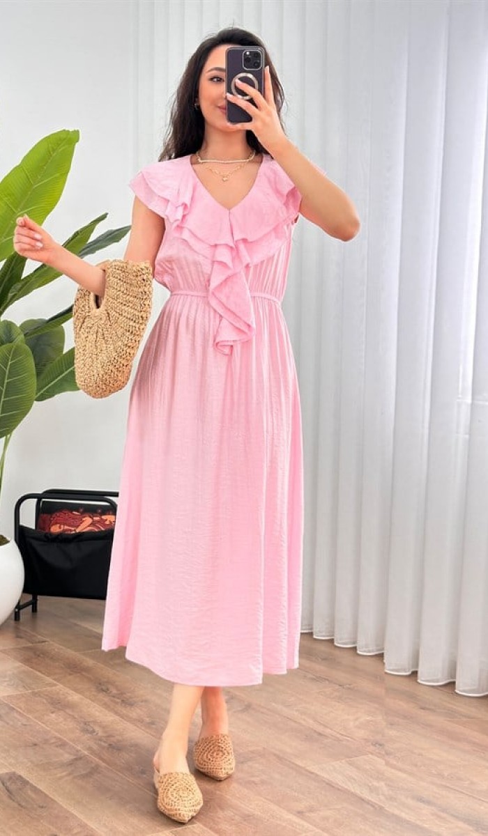 Yaka Fırfırlı Toptan Pembe Uzun Elbise Pembe Yaka Fırfırlı Toptan Pembe Uzun Elbise Pembe