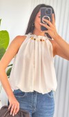 Yakası Boncuklu Balon Model Toptan Beyaz Bluz Beyaz