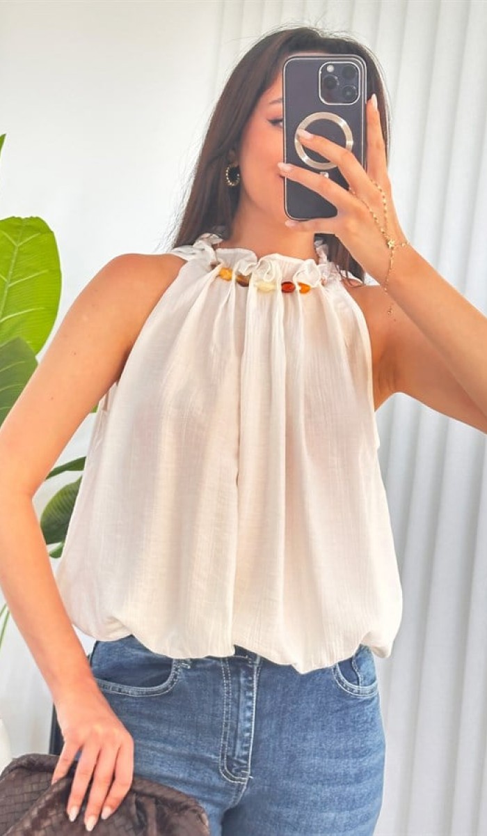 Yakası Boncuklu Balon Model Toptan Beyaz Bluz Beyaz