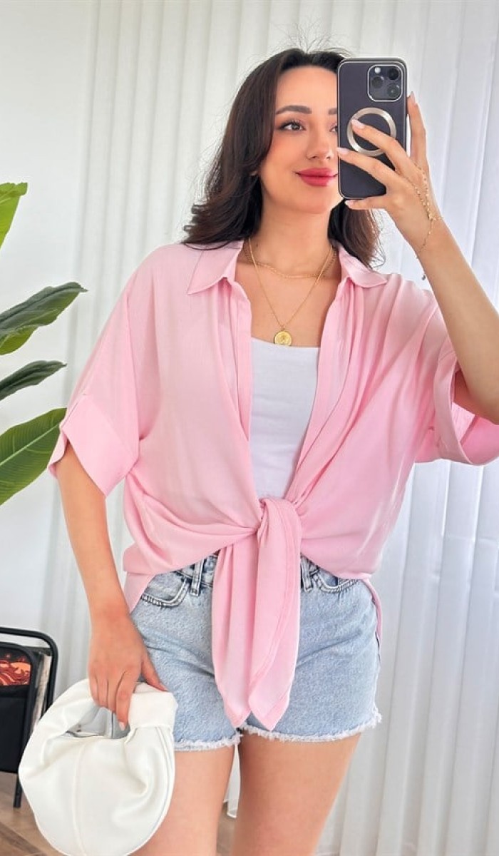 Kısa Kol Basic Kimono Toptan Pembe Bluz Pembe