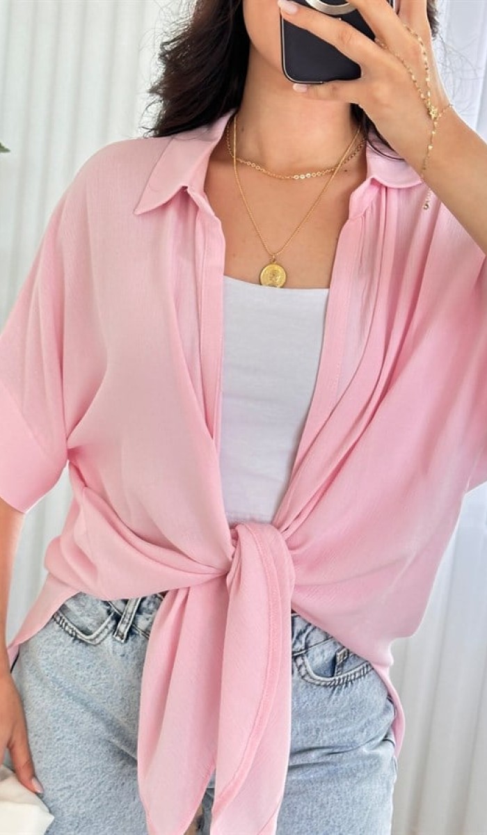 Kısa Kol Basic Kimono Toptan Pembe Bluz Pembe