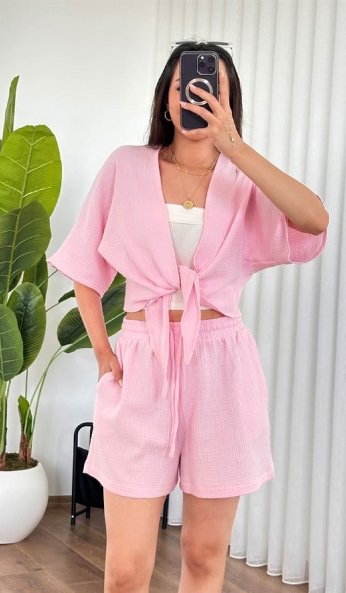 Müslin Cepli Kısa Model Toptan Pembe Şort Pembe