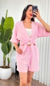 Müslin Önden Bağlamalı Kısa Model Toptan Pembe Kimono Pembe