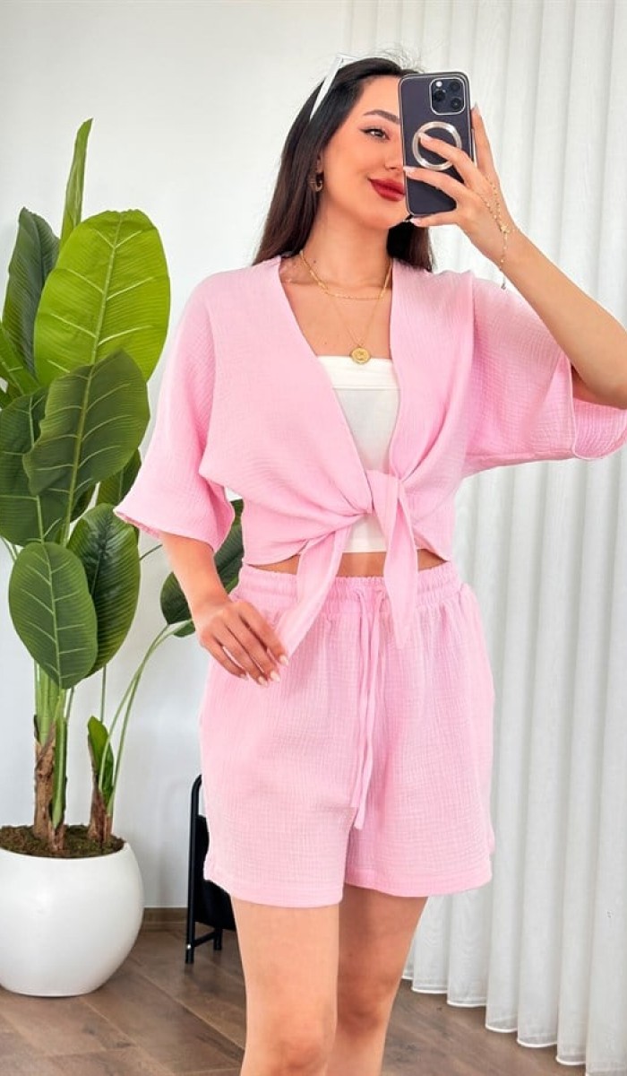Müslin Önden Bağlamalı Kısa Model Toptan Pembe Kimono Pembe