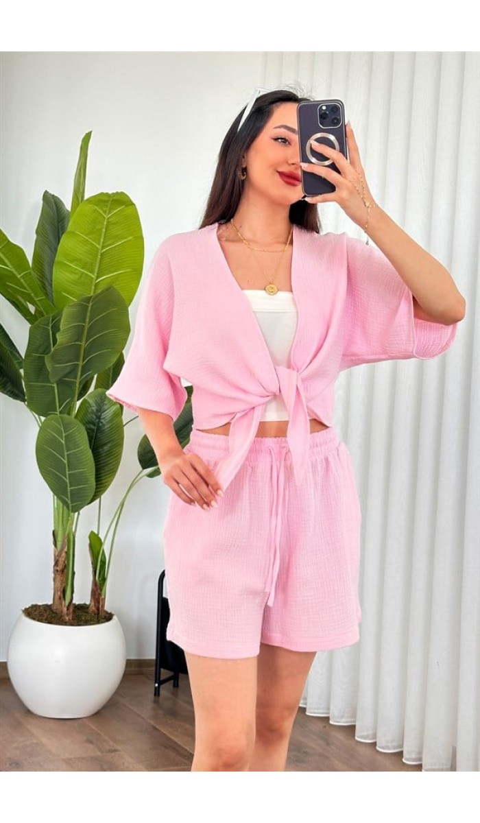 Müslin Önden Bağlamalı Kısa Model Toptan Pembe Kimono Pembe Müslin Önden Bağlamalı Kısa Model Toptan Pembe Kimono Pembe