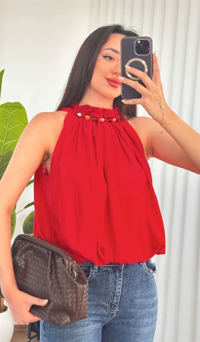 Yakası Boncuklu Balon Model Toptan Kırmızı Bluz Kırmızı