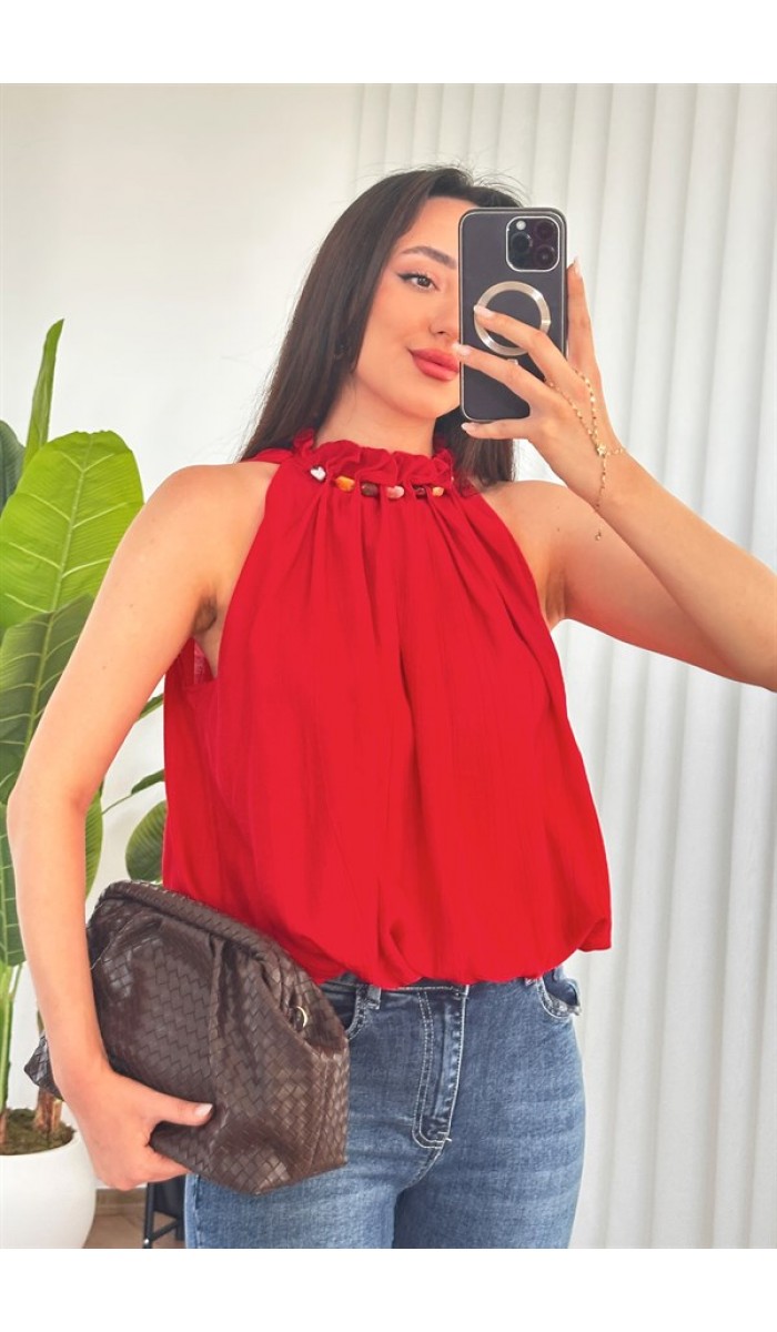 Yakası Boncuklu Balon Model Toptan Kırmızı Bluz Kırmızı
