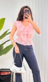 Fırfırlı Beli Lastikli Toptan Pembe Bluz Pembe