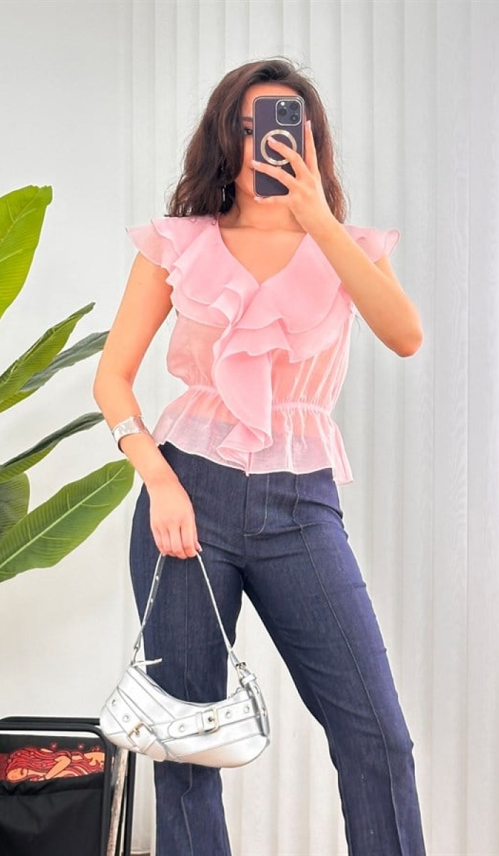 Fırfırlı Beli Lastikli Toptan Pembe Bluz Pembe
