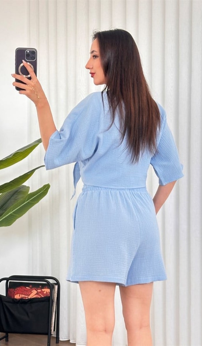 Müslin Önden Bağlamalı Kısa Model Toptan Bebe Mavisi Kimono Bebe Mavi