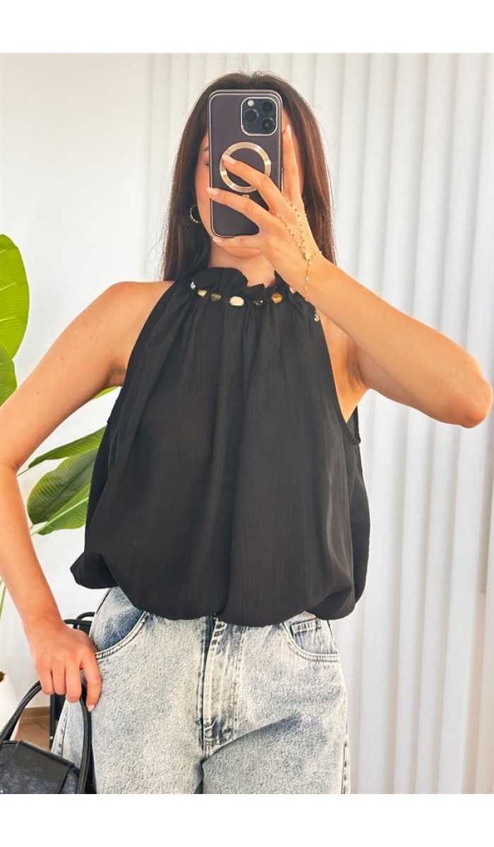 Yakası Boncuklu Balon Model Toptan Siyah Bluz Sarı