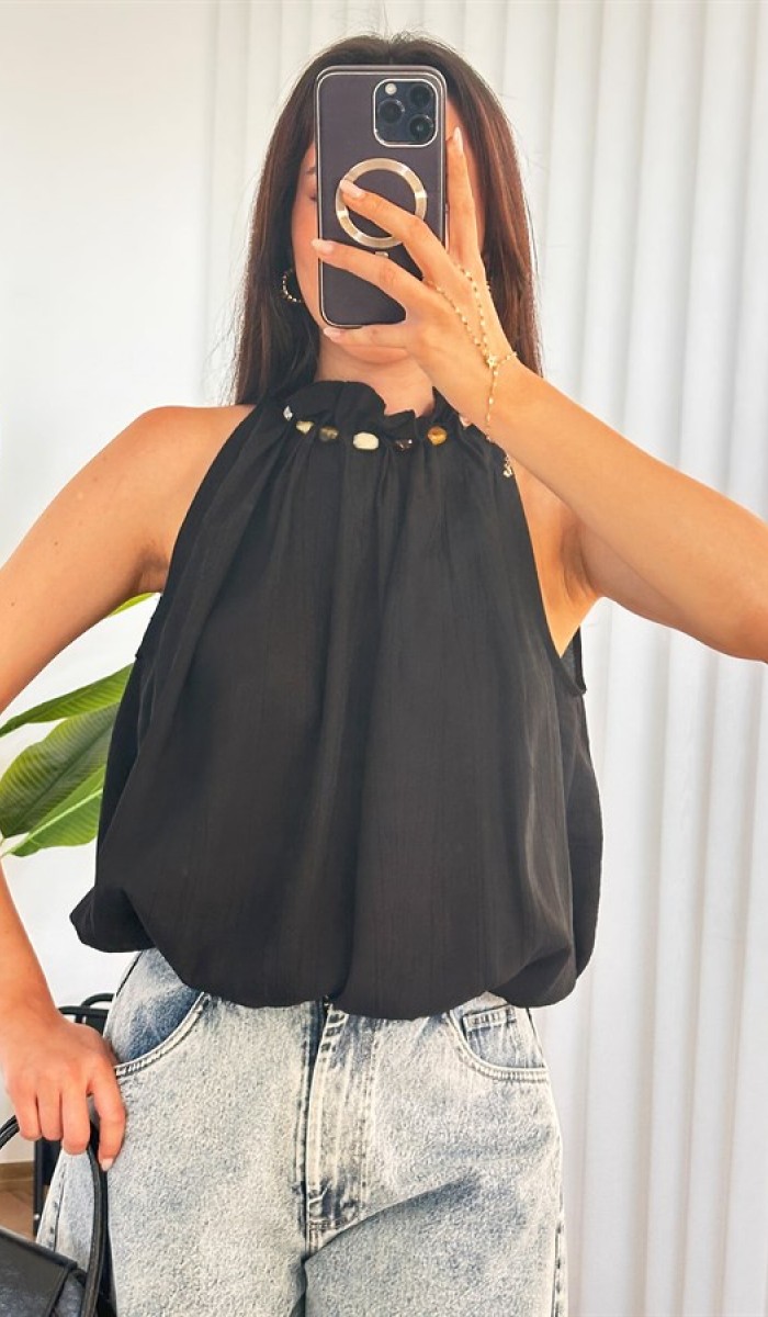 Yakası Boncuklu Balon Model Toptan Siyah Bluz Sarı Yakası Boncuklu Balon Model Toptan Siyah Bluz Sarı