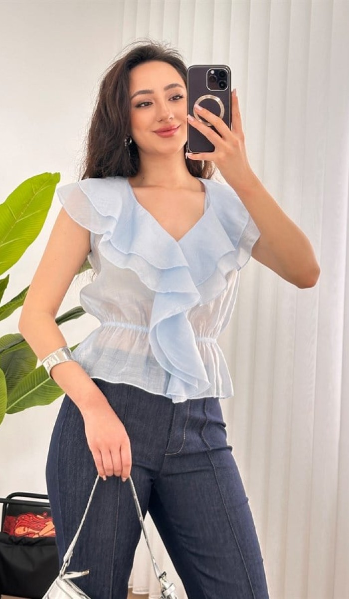 Fırfırlı Beli Lastikli Toptan Bebe Mavisi Bluz Bebe Mavi