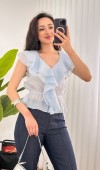 Fırfırlı Beli Lastikli Toptan Bebe Mavisi Bluz Bebe Mavi