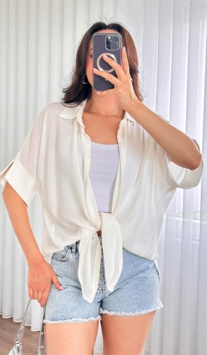 Kısa Kol Basic Kimono Toptan Ekru Bluz Ekru