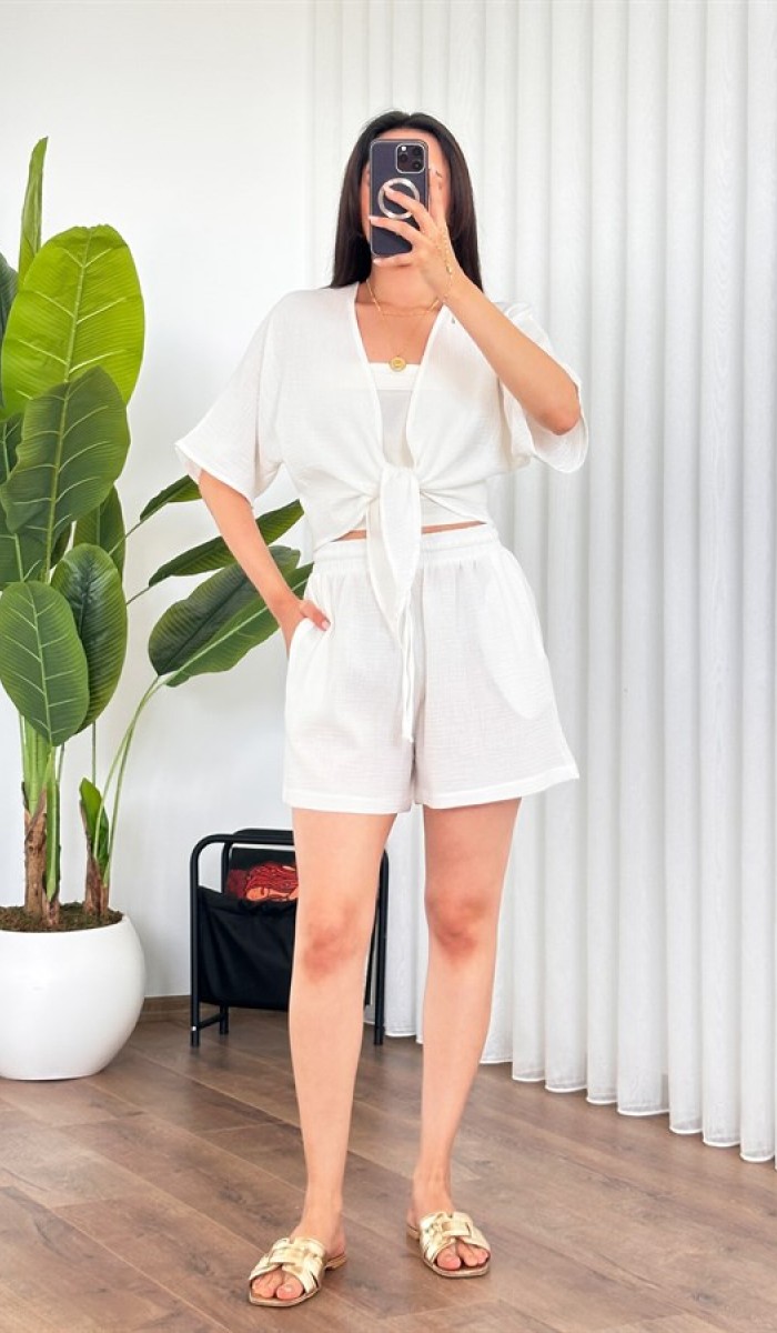 Müslin Önden Bağlamalı Kısa Model Toptan Beyaz Kimono Beyaz