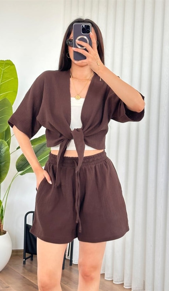 Müslin Önden Bağlamalı Kısa Model Toptan Kahve Kimono Kahverengi