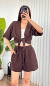 Müslin Önden Bağlamalı Kısa Model Toptan Kahve Kimono Kahverengi