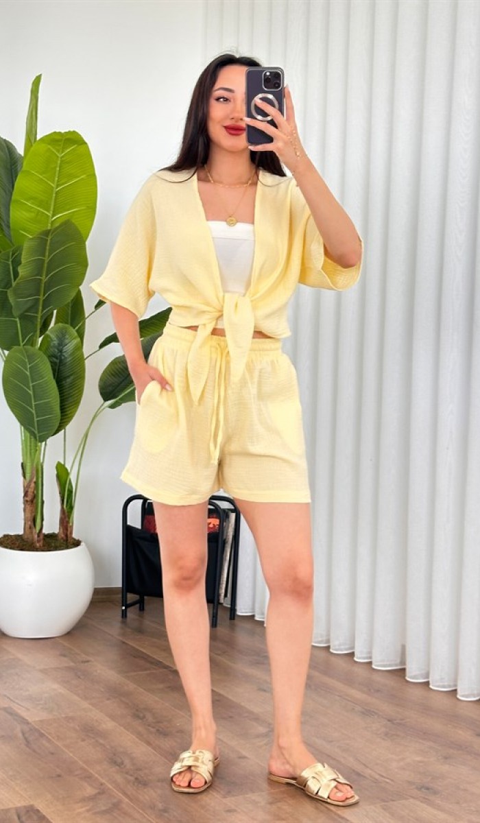 Müslin Önden Bağlamalı Kısa Model Toptan Sarı Kimono Sarı
