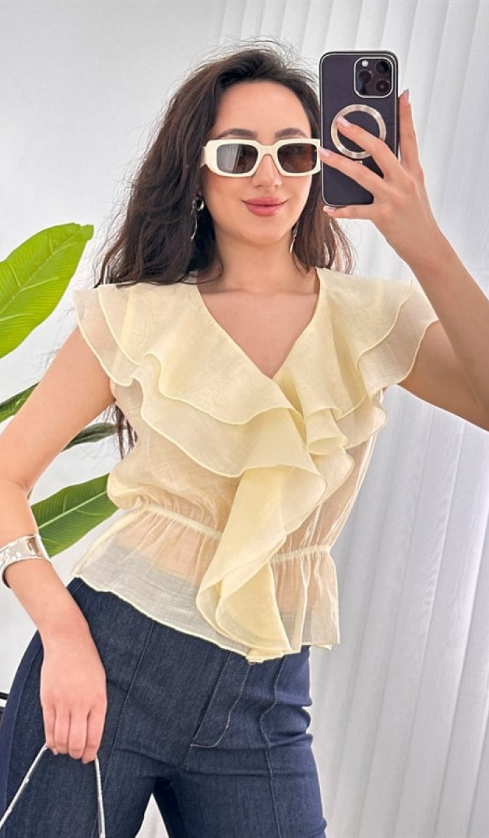 Fırfırlı Beli Lastikli Toptan Sarı Bluz Sarı