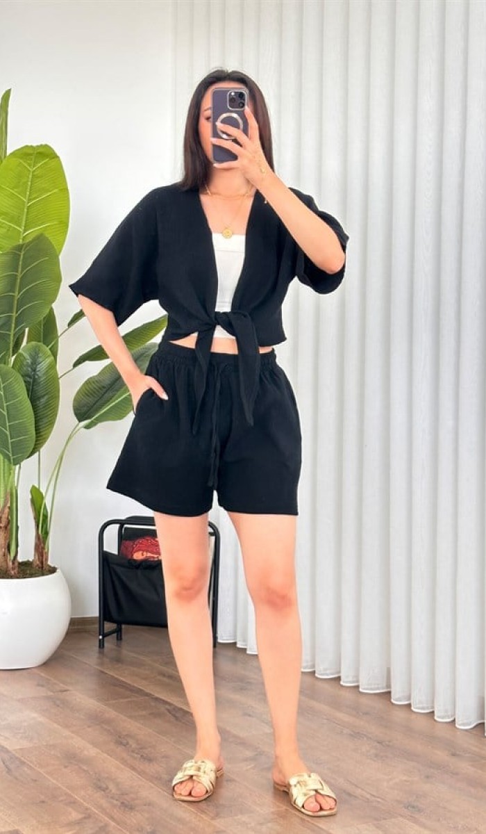 Müslin Cepli Kısa Model Toptan Siyah Şort Sarı
