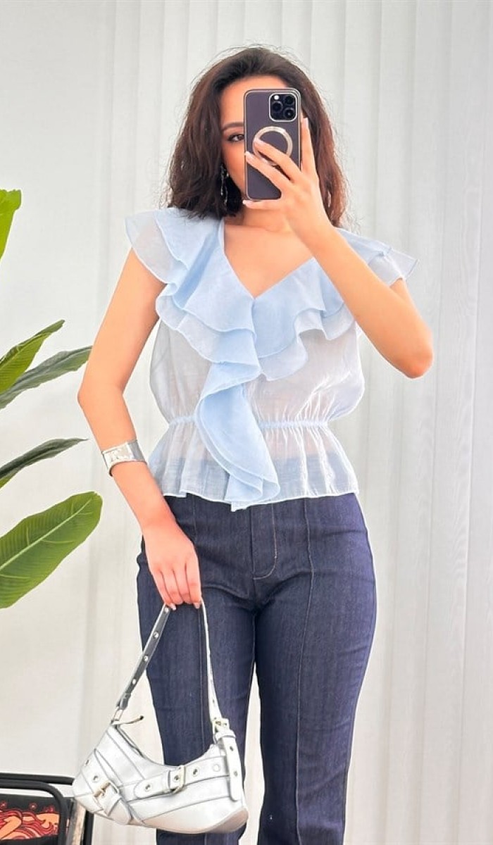 Fırfırlı Beli Lastikli Toptan Bebe Mavisi Bluz Bebe Mavi