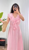 Yaka Fırfırlı Toptan Pembe Uzun Elbise Pembe Yaka Fırfırlı Toptan Pembe Uzun Elbise Pembe