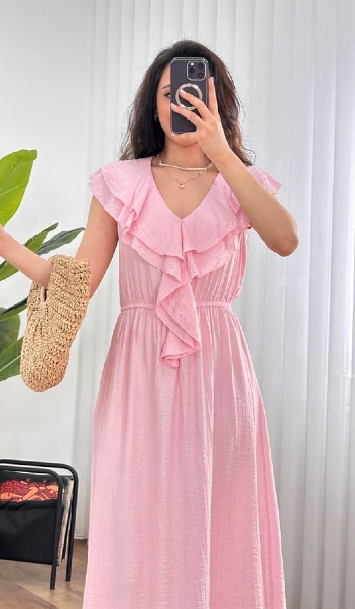 Yaka Fırfırlı Toptan Pembe Uzun Elbise Pembe Yaka Fırfırlı Toptan Pembe Uzun Elbise Pembe