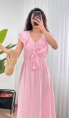 Yaka Fırfırlı Toptan Pembe Uzun Elbise Pembe