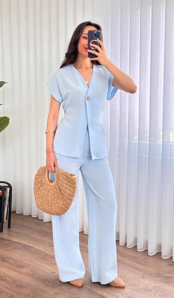 Tek Düğme Beli Bağlamalı Keten Toptan Bebe Mavisi İkili Takım Bebe Mavi