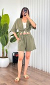 Müslin Önden Bağlamalı Kısa Model Toptan Haki Kimono Haki