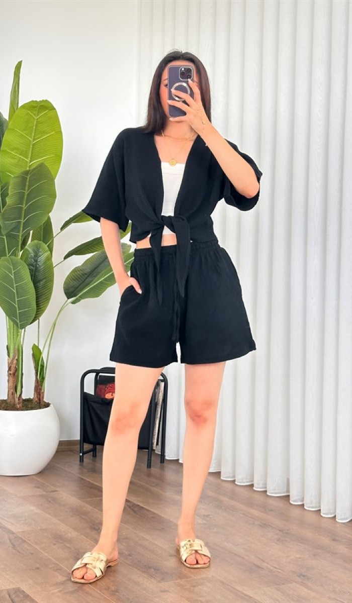 Müslin Önden Bağlamalı Kısa Model Toptan Siyah Kimono Siyah