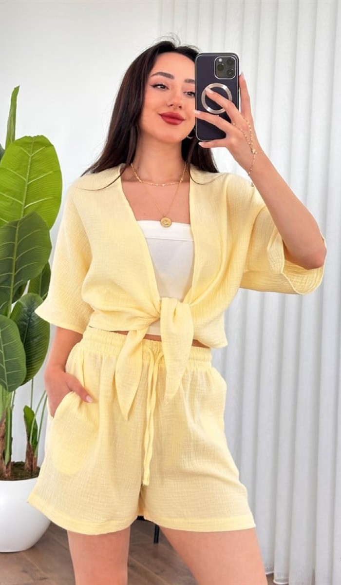 Müslin Önden Bağlamalı Kısa Model Toptan Sarı Kimono Sarı