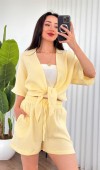 Müslin Önden Bağlamalı Kısa Model Toptan Sarı Kimono Sarı