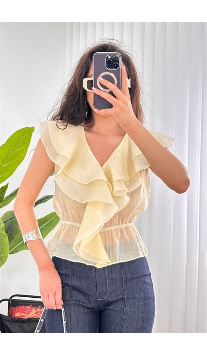 Fırfırlı Beli Lastikli Toptan Sarı Bluz Sarı