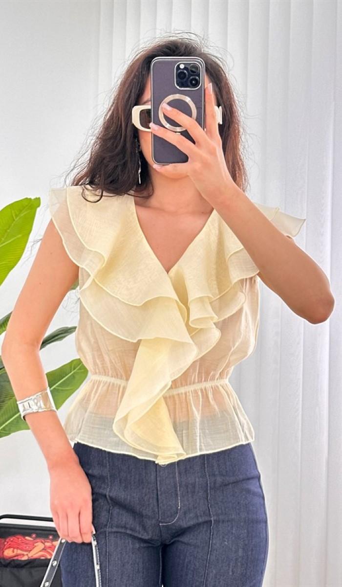 Fırfırlı Beli Lastikli Toptan Sarı Bluz Sarı Fırfırlı Beli Lastikli Toptan Sarı Bluz Sarı