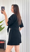 Müslin Önden Bağlamalı Kısa Model Toptan Siyah Kimono Siyah